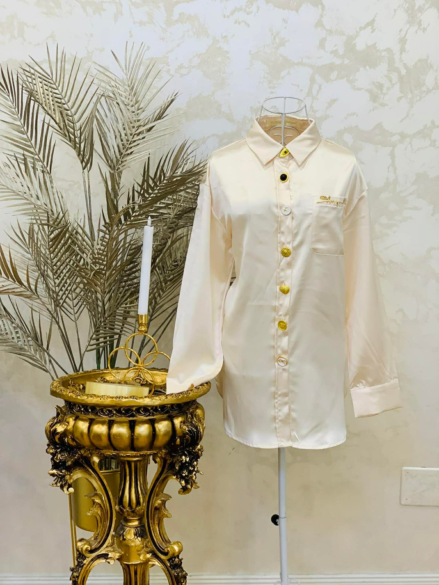 Compleu crem satinat camasa si pantaloni palazzo