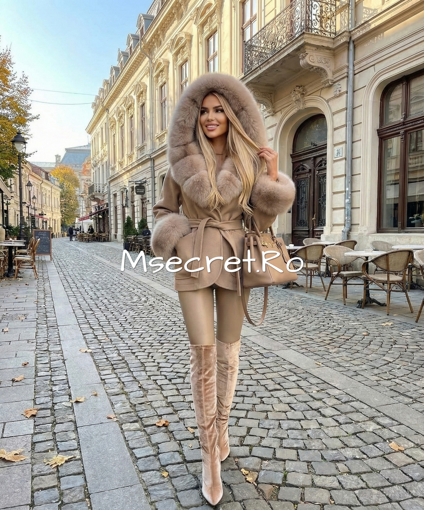 Beige alpaca coat with voluminous natural fur collar and hood