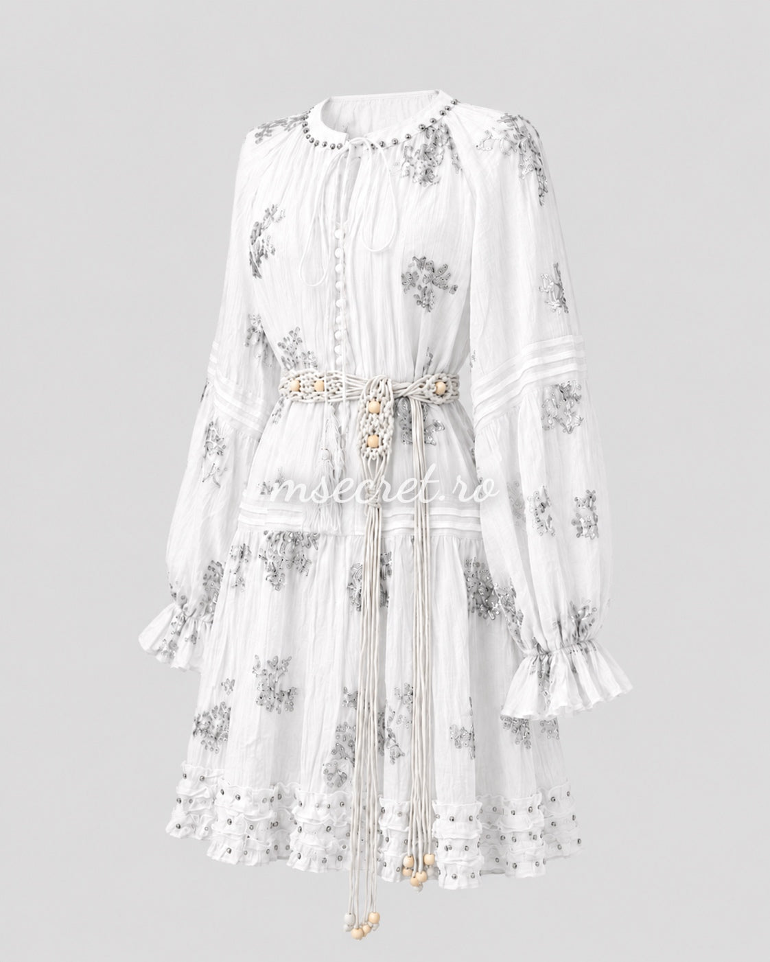 Short white dress with sequins and decorative belt