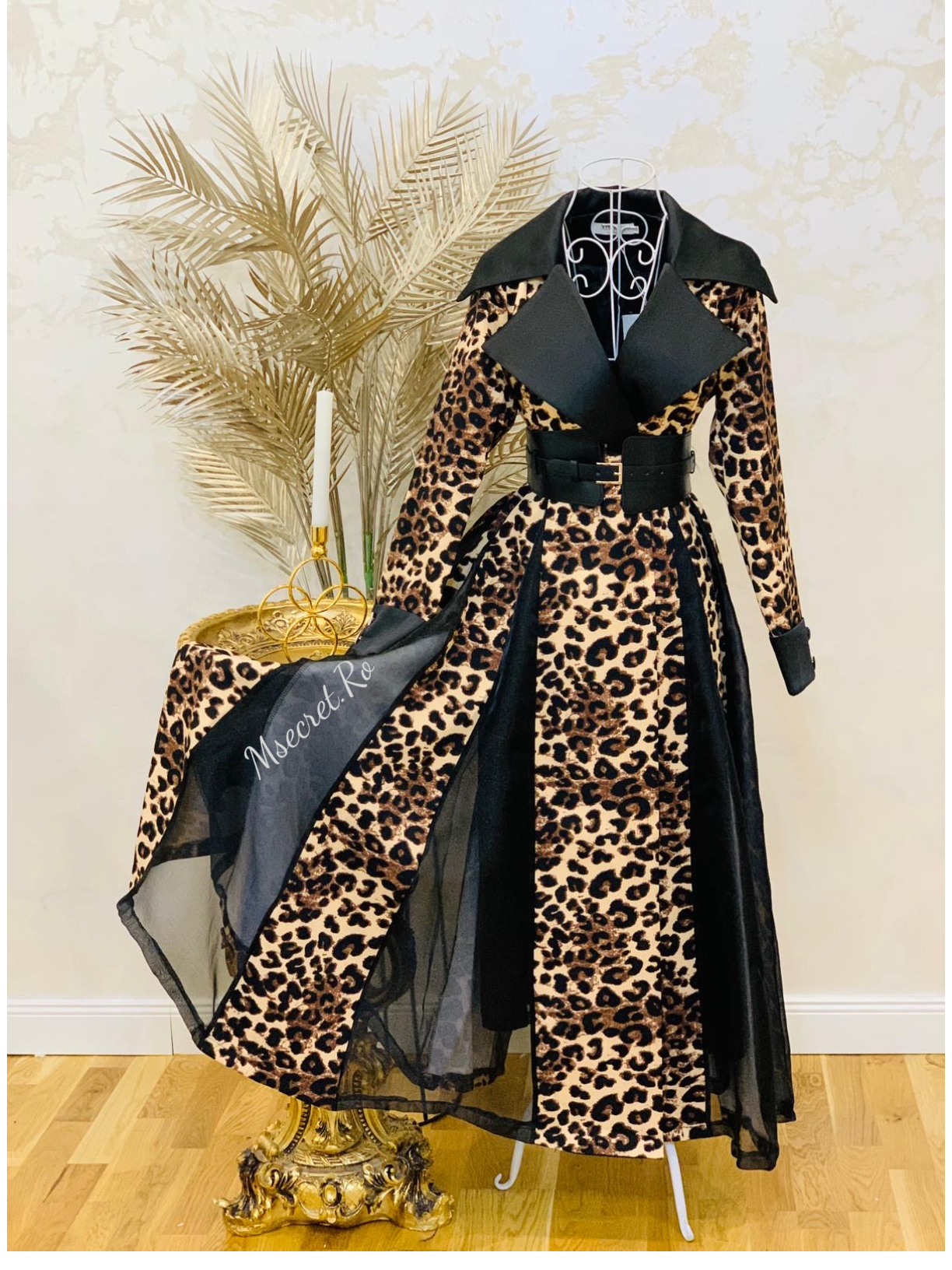 Trench rochie lung animal print cu guler