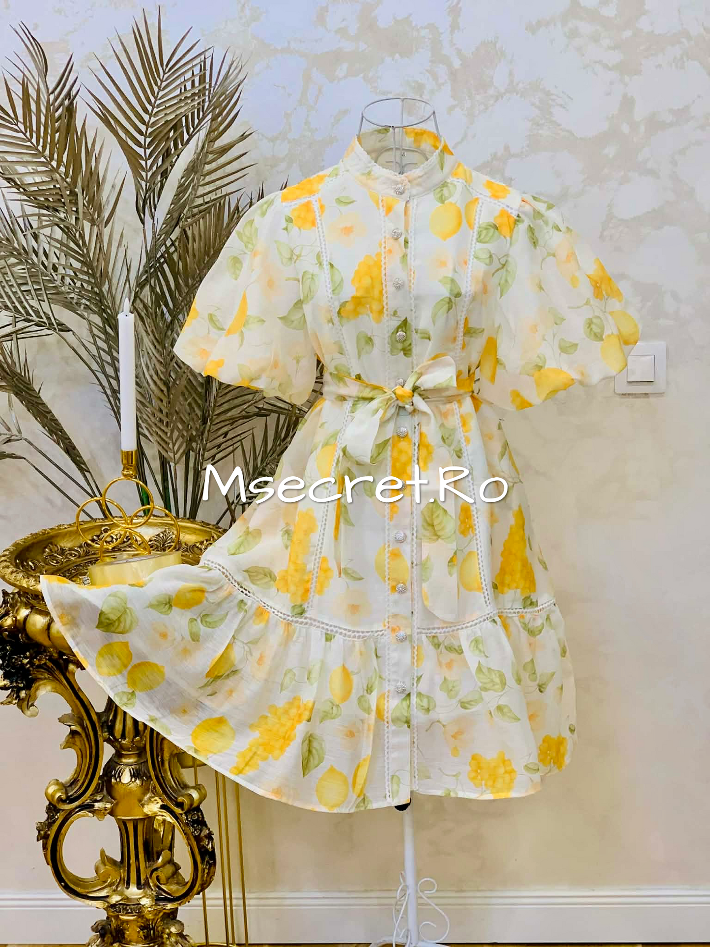 Rochie galbena din in cu maneci scurte