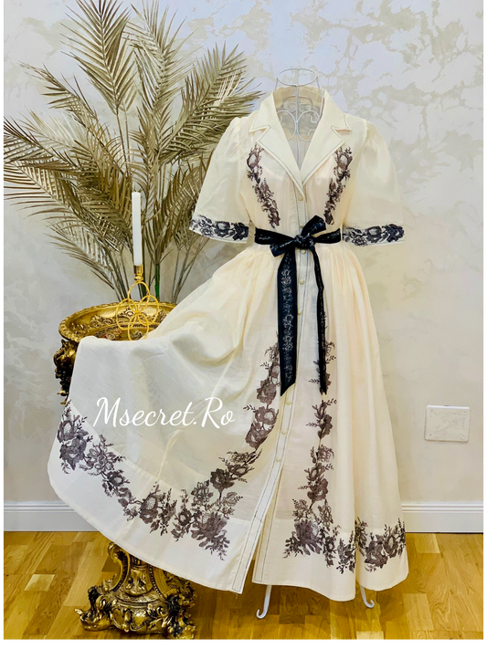 Rochie lunga ivoire din in si matase cu broderie florala