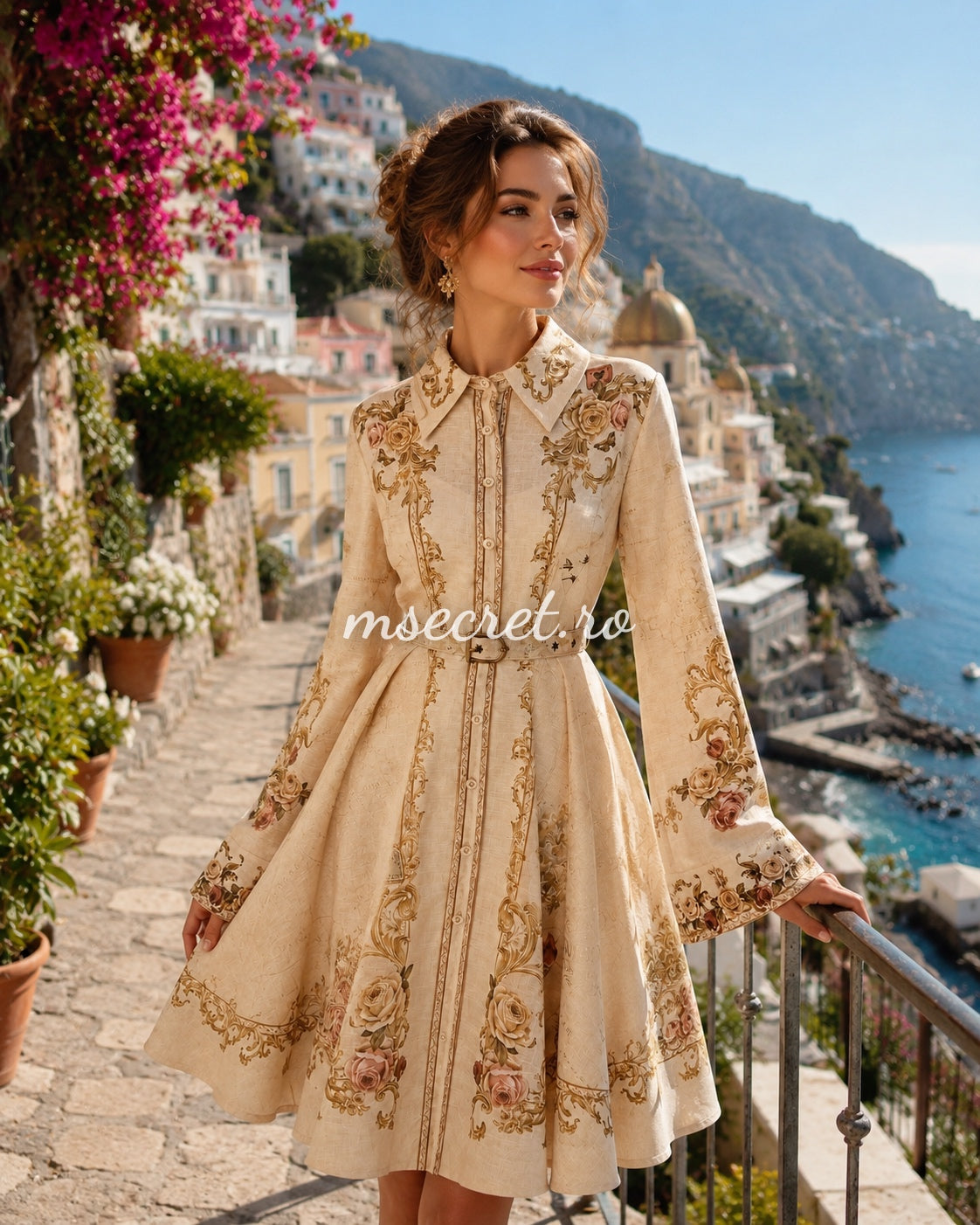 Rochie bej din in cu maneca lunga