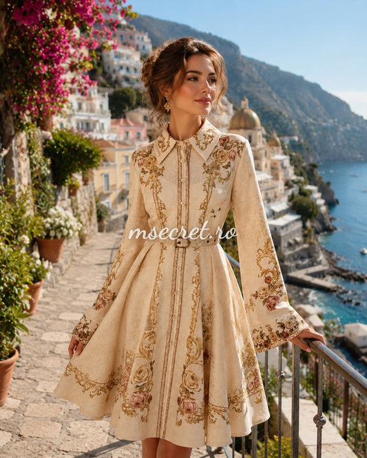 Beige linen long-sleeved dress