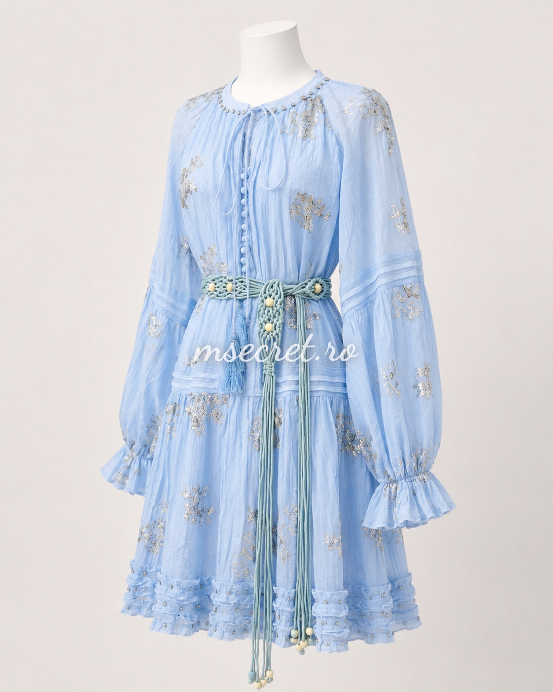 Short blue sequined dress with decorative belt