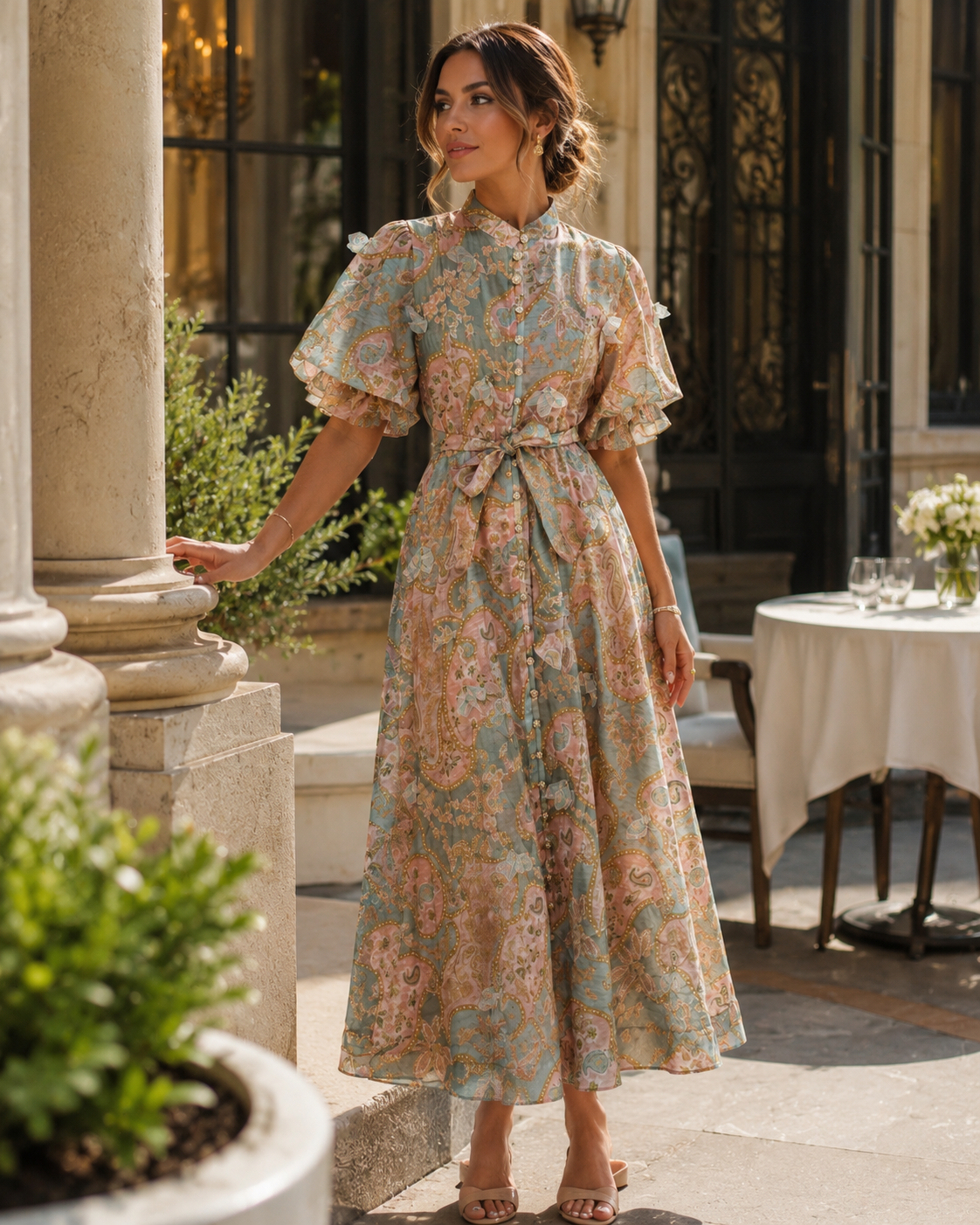 Rochie din in cu imprimeu floral vernil si maneci bufante