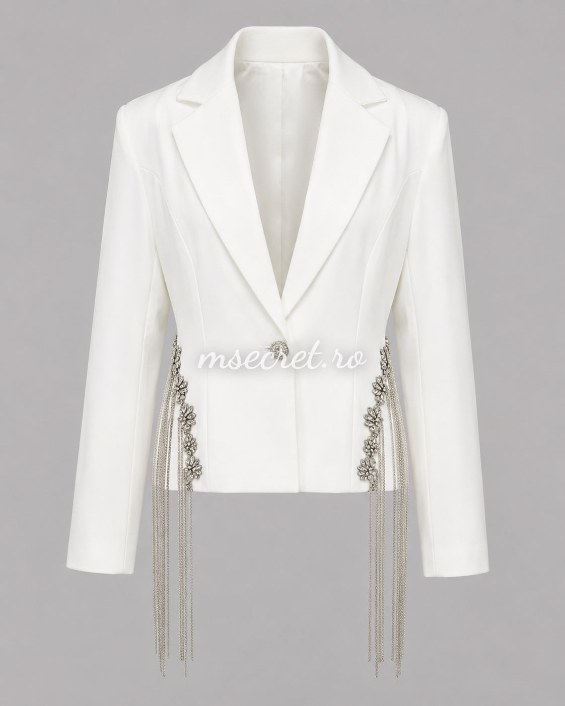 Elegant white suit with a blazer and flared trousers