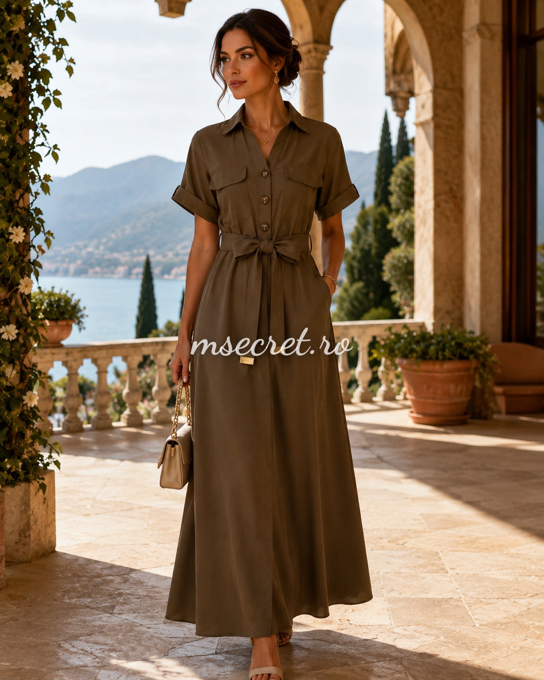Rochie maro din in cu cordon in talie