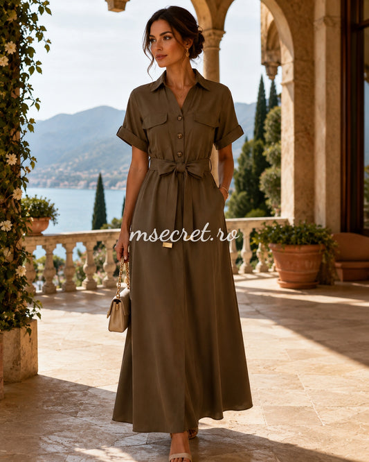 Rochie maro din in cu cordon in talie