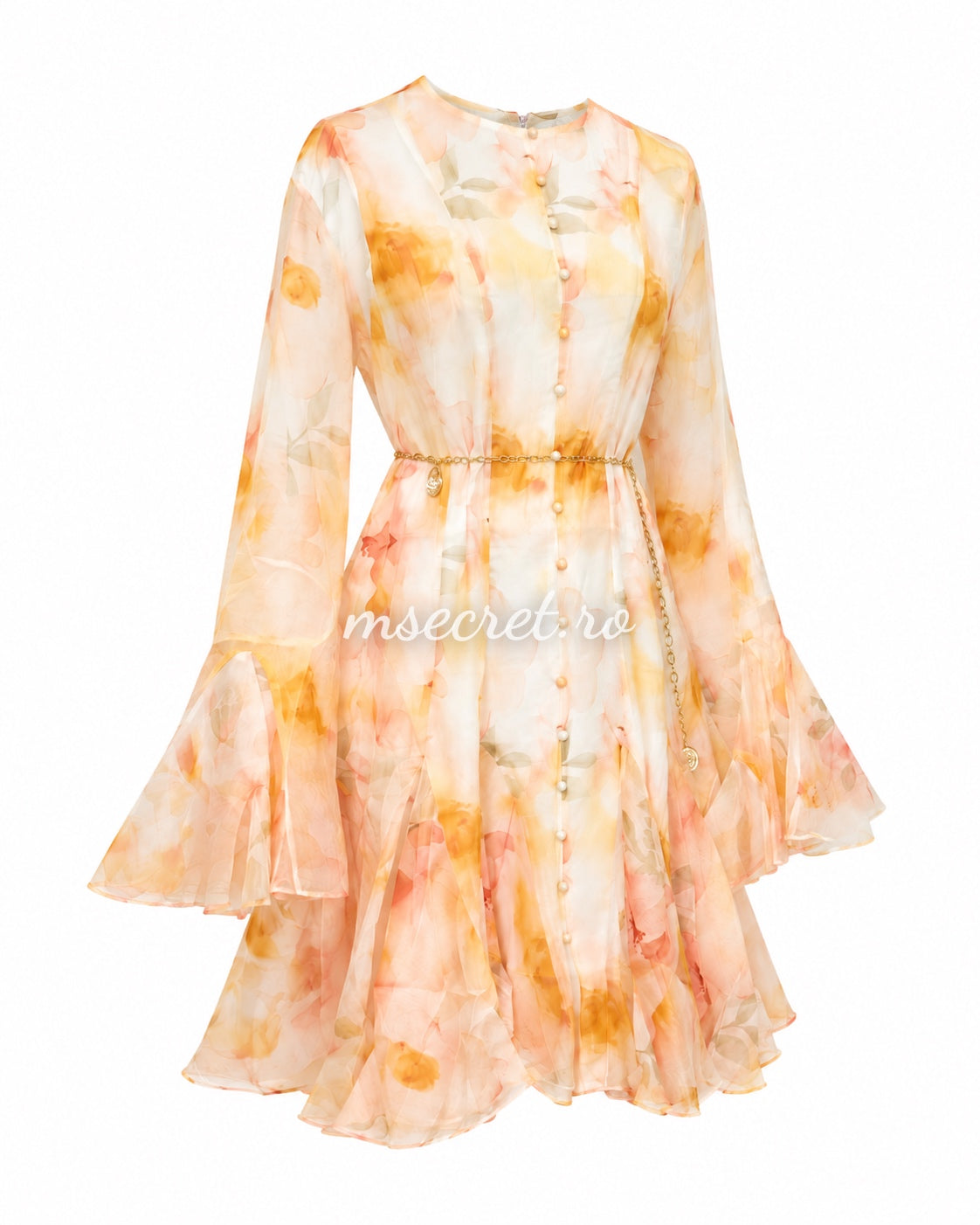 Rochie vaporoasa cu imprimeu floral pastel si lant decorativ auriu