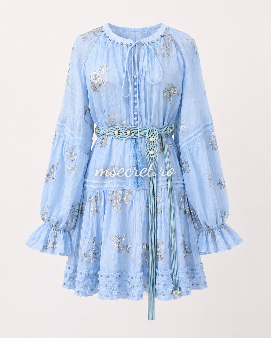 Short blue sequined dress with decorative belt