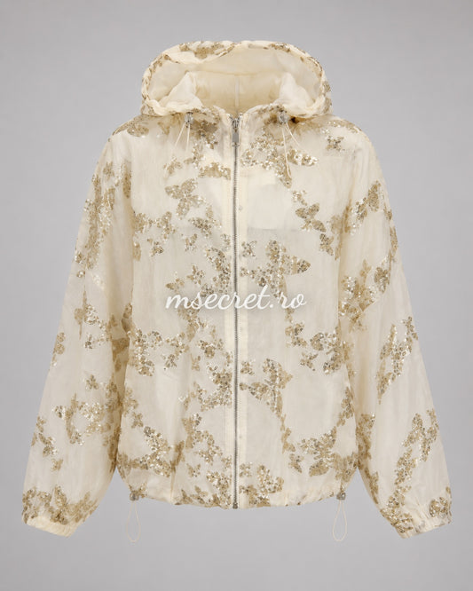 Cream jacket with gold butterfly sequins and hood