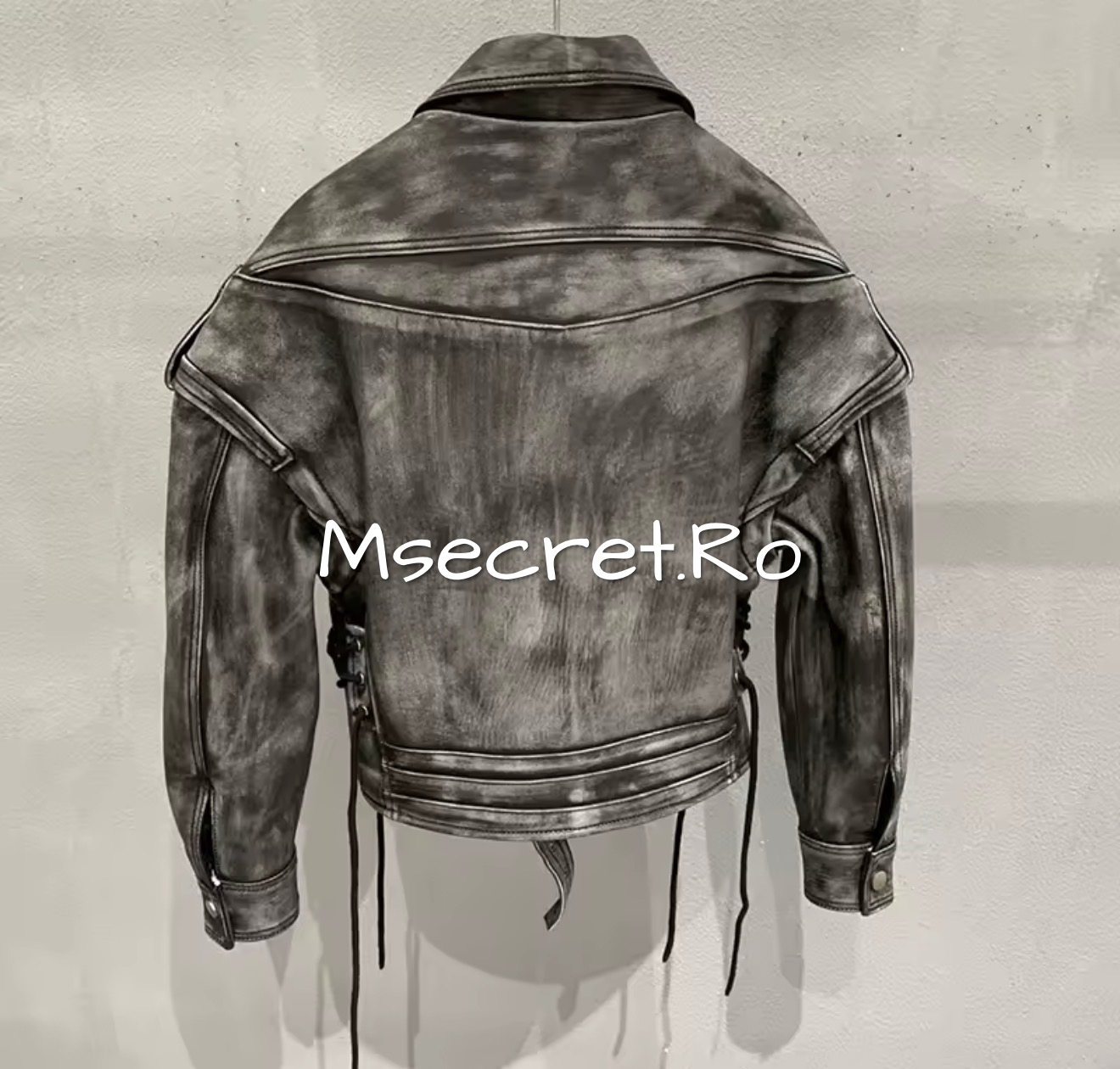 Geaca din piele naturala gri model biker premium, efect vintage