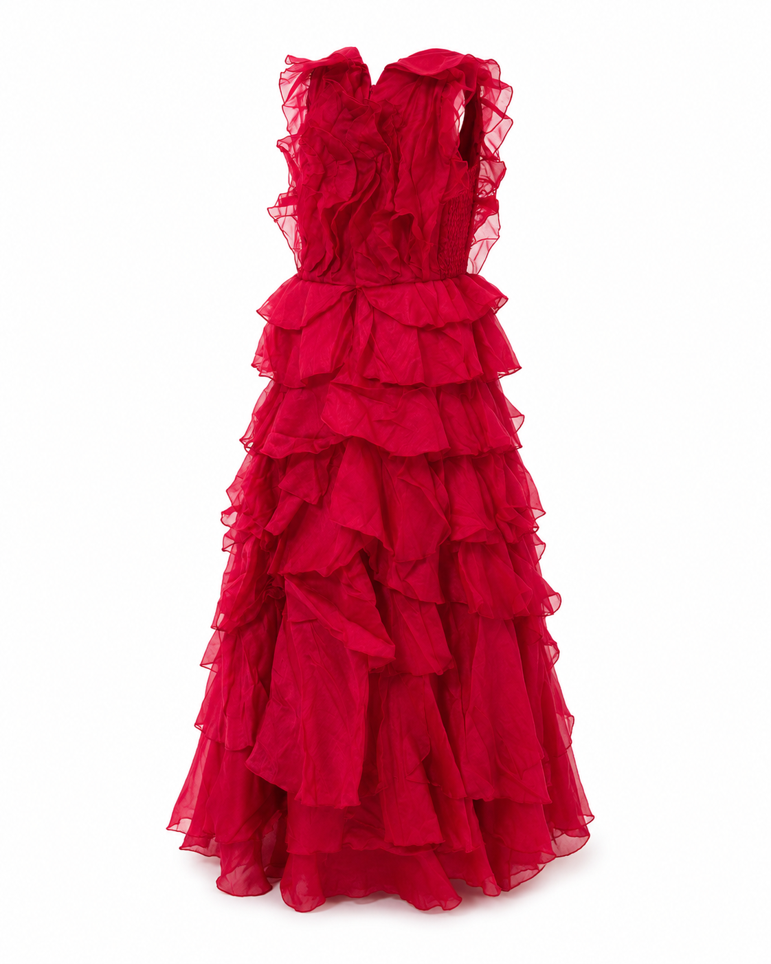 Rochie visinie elegantă cu volane din organza