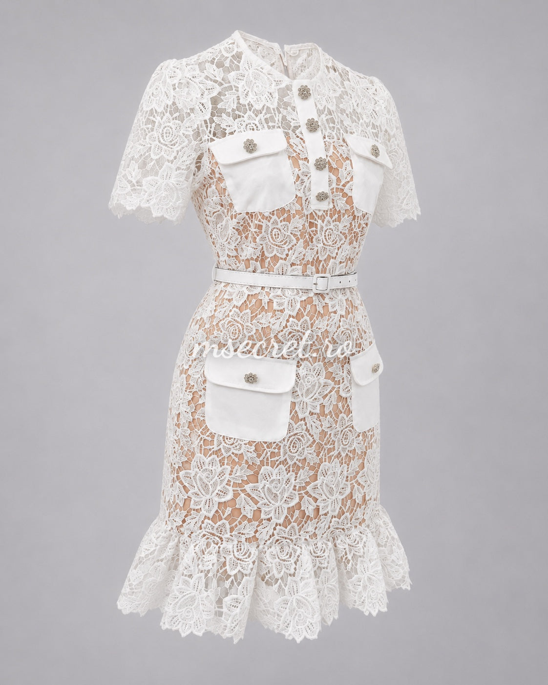 White lace dress with jewel buttons