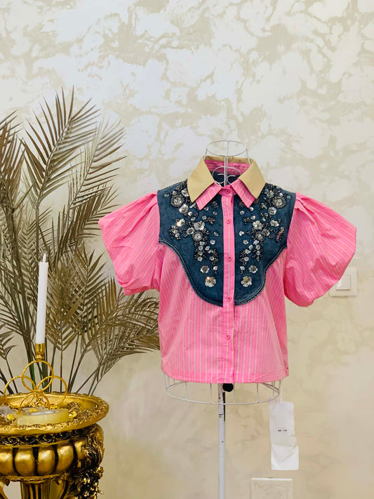 Camasa roz din bumbac cu denim