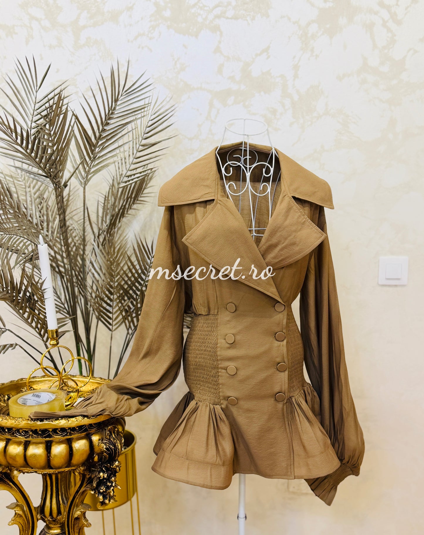 Cappuccino satin chiffon dress with a skirt and jacket-style top