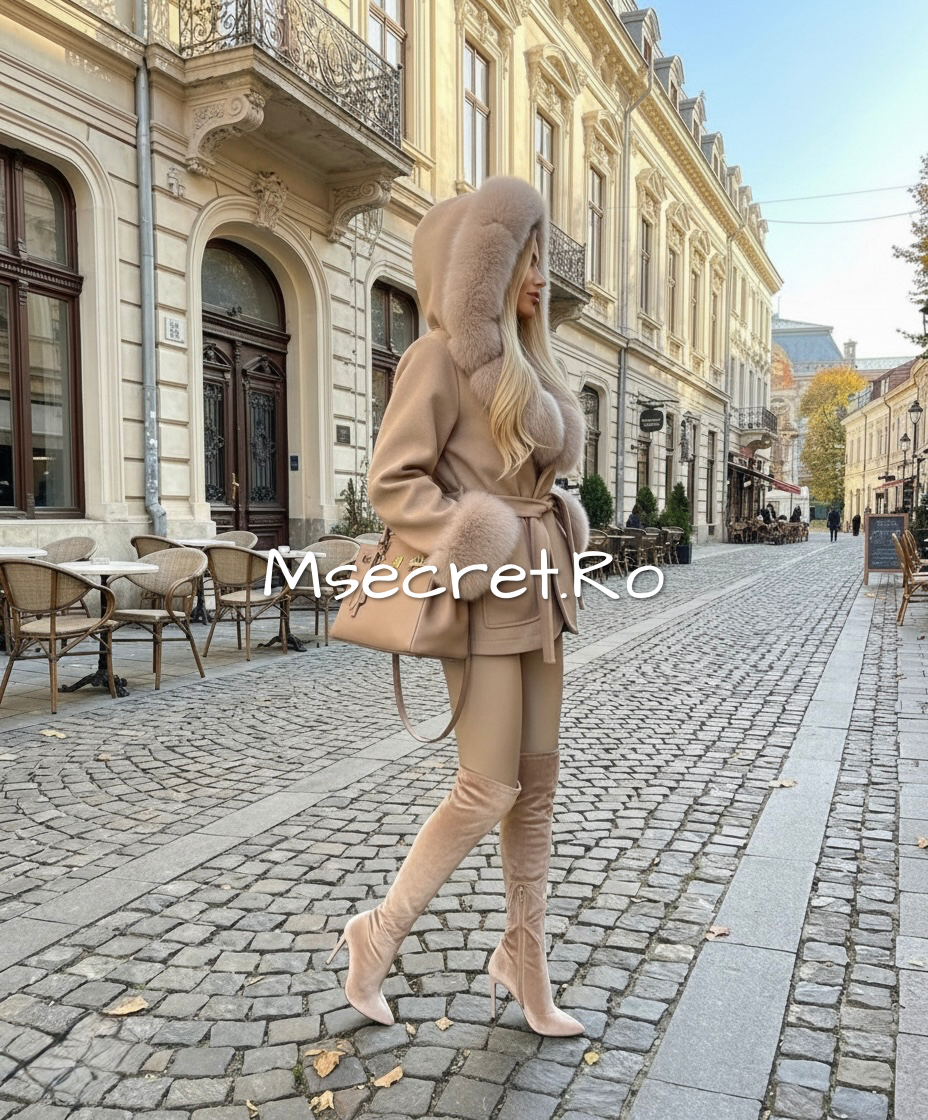 Beige alpaca coat with voluminous natural fur collar and hood