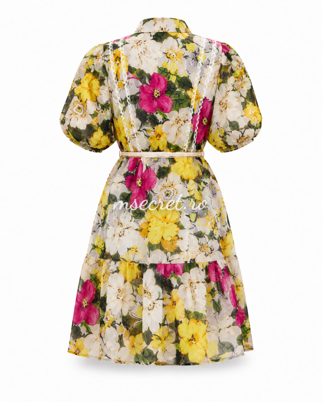 Rochie vaporoasa cu imprimeu floral, maneci bufante si detalii din dantela