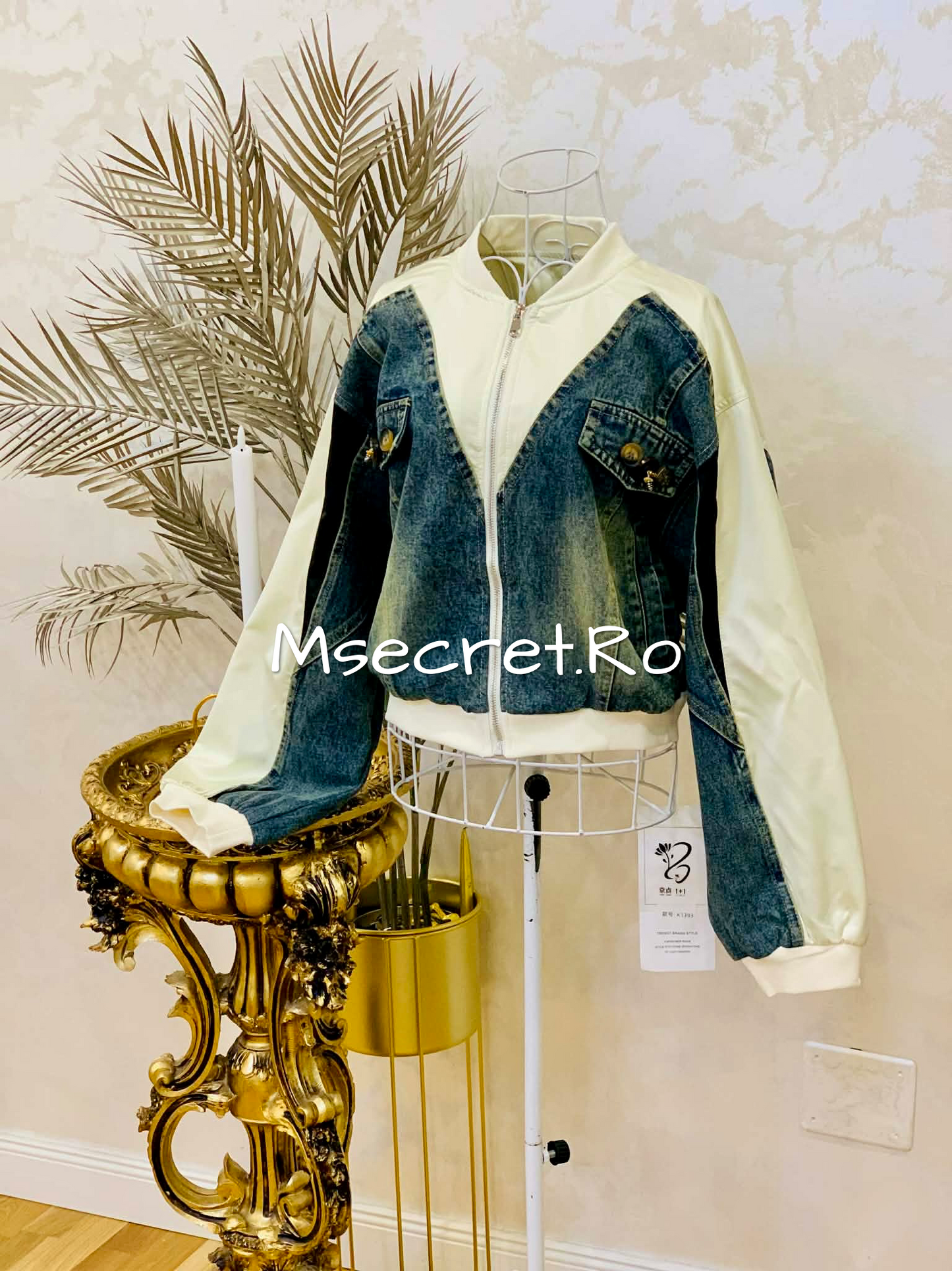 Geaca denim cu insertii crem