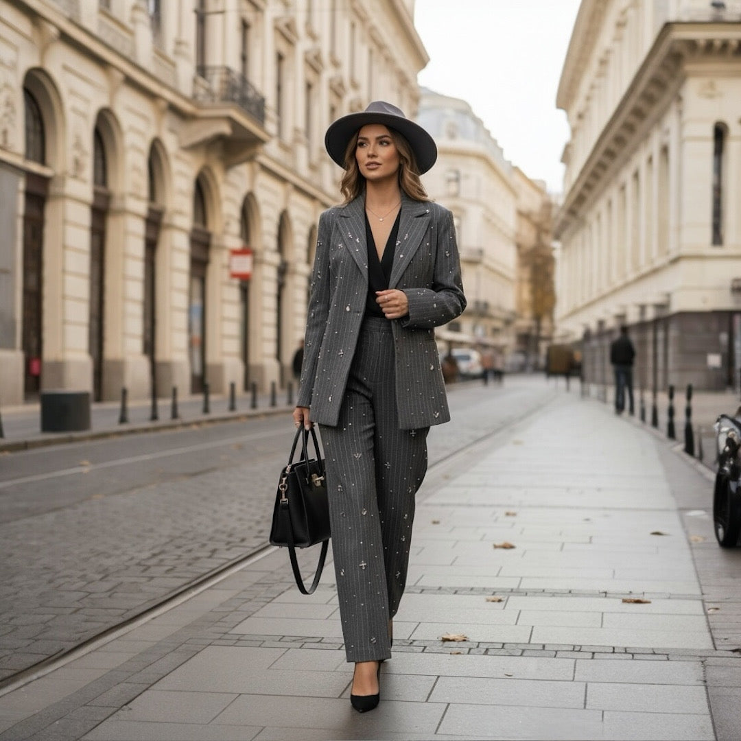 Costum office cu sacou si pantaloni cu aplicații bijuterie