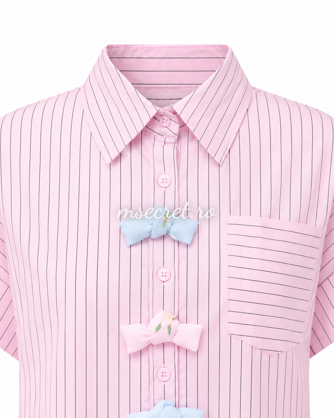 Pink striped shirt with bow and lace inserts