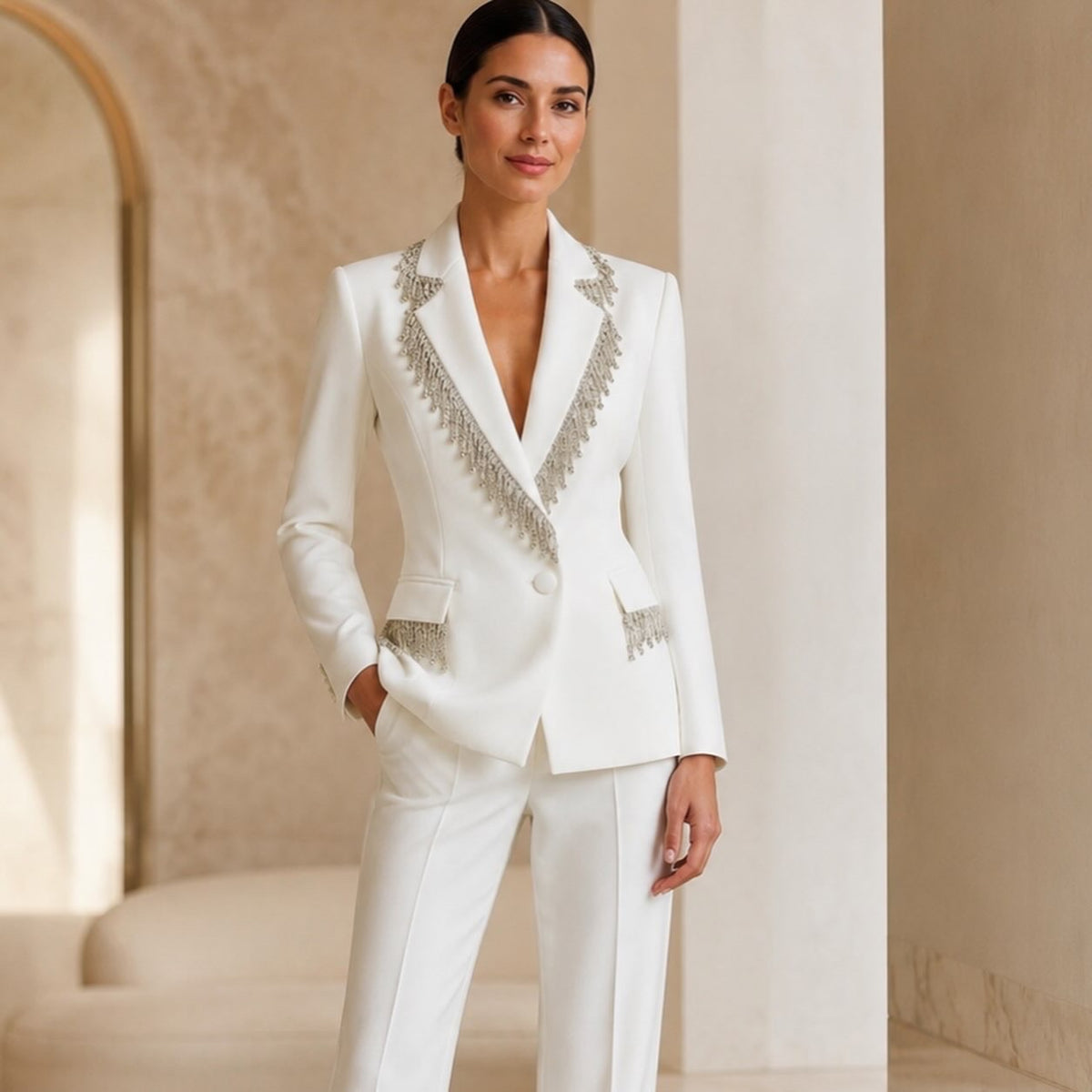 Sacou elegant alb cu franjuri strălucitori