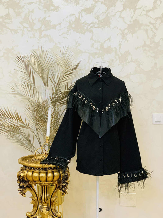 Camasa neagra din bumbac cu pene