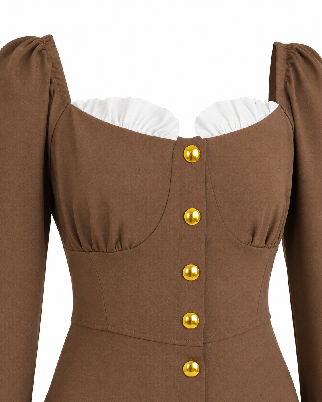 Rochie maro eleganta cu nasturi aurii, decolteu inimioara si volane albe