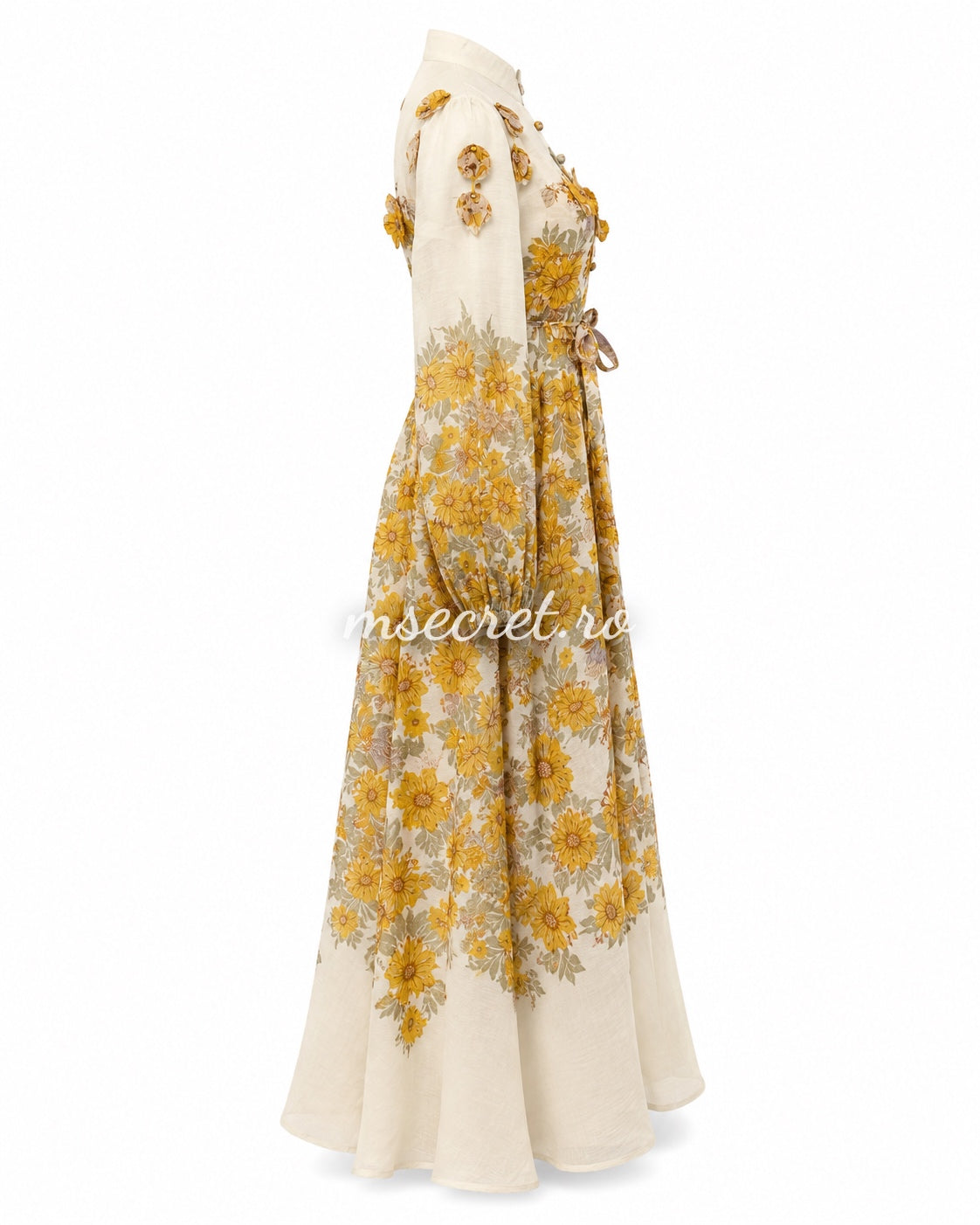 Yellow linen dress with floral print and 3D appliqués