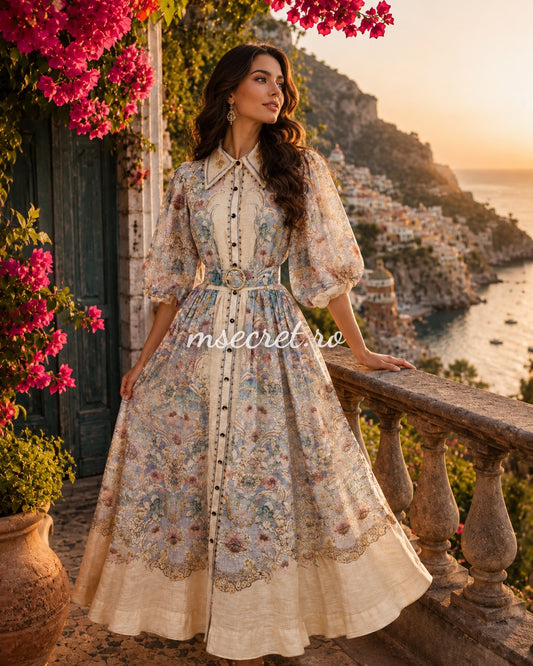 Long linen dress with floral print