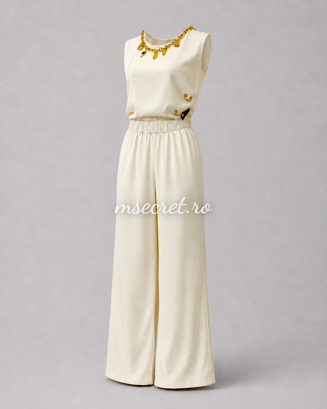 Compleu crem cu top accesorizat si pantaloni palazzo