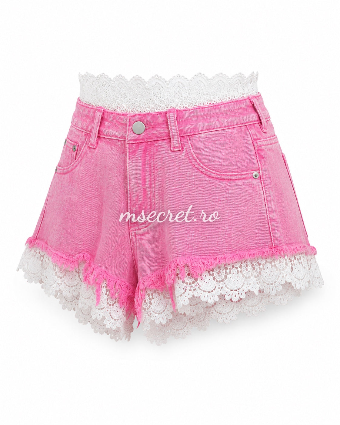 Pink denim shorts with white lace