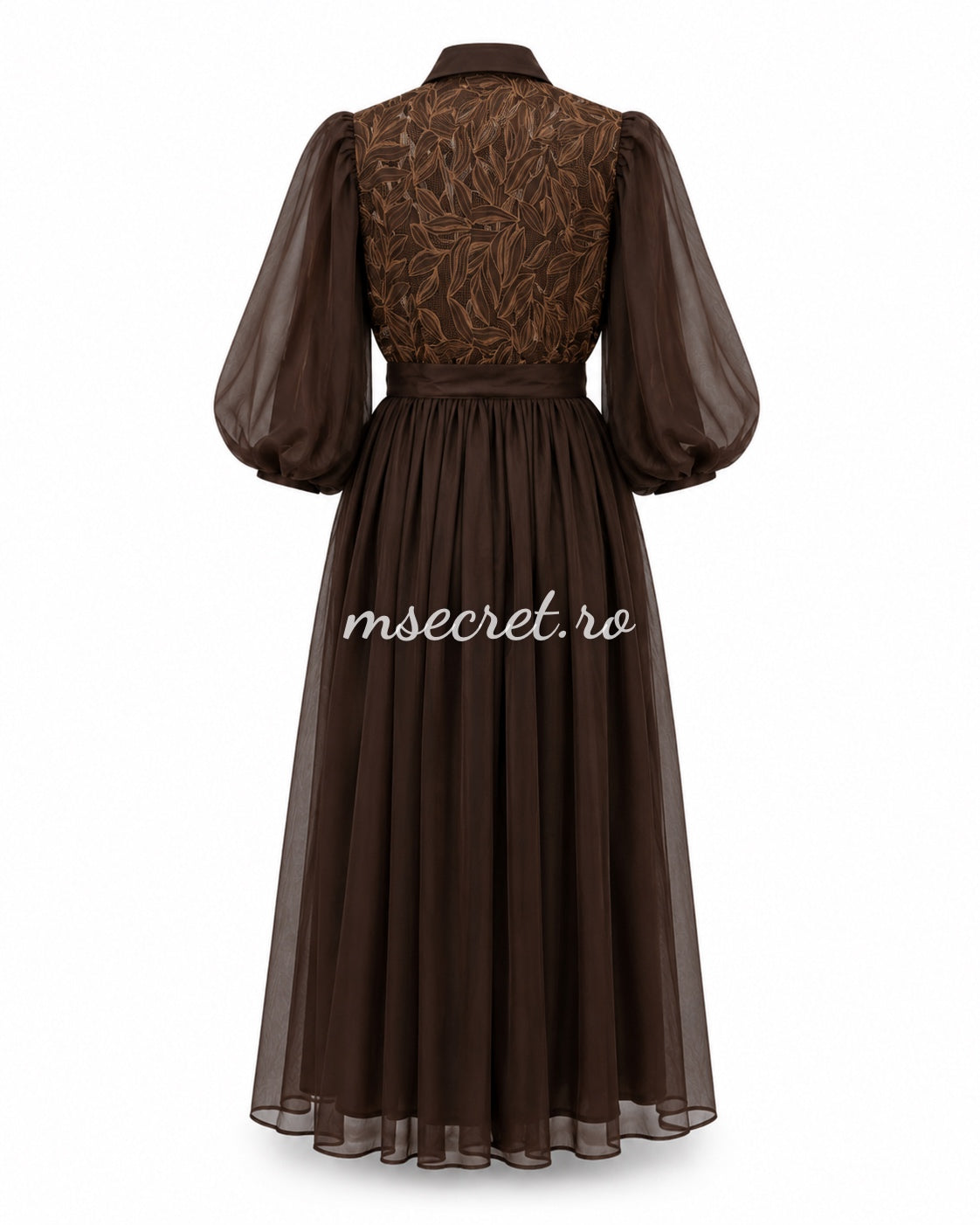 Rochie maro elegantă din voal cu broderie florală și mâneci bufante