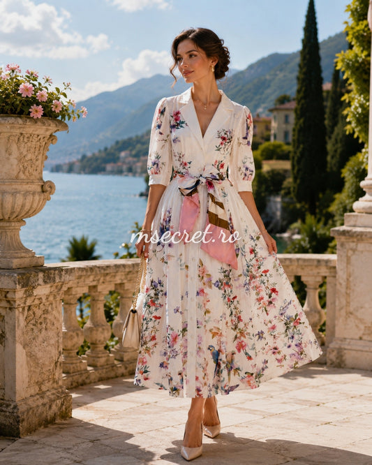 Rochie midi din in cu imprimeu floral si cordon tip esarfa
