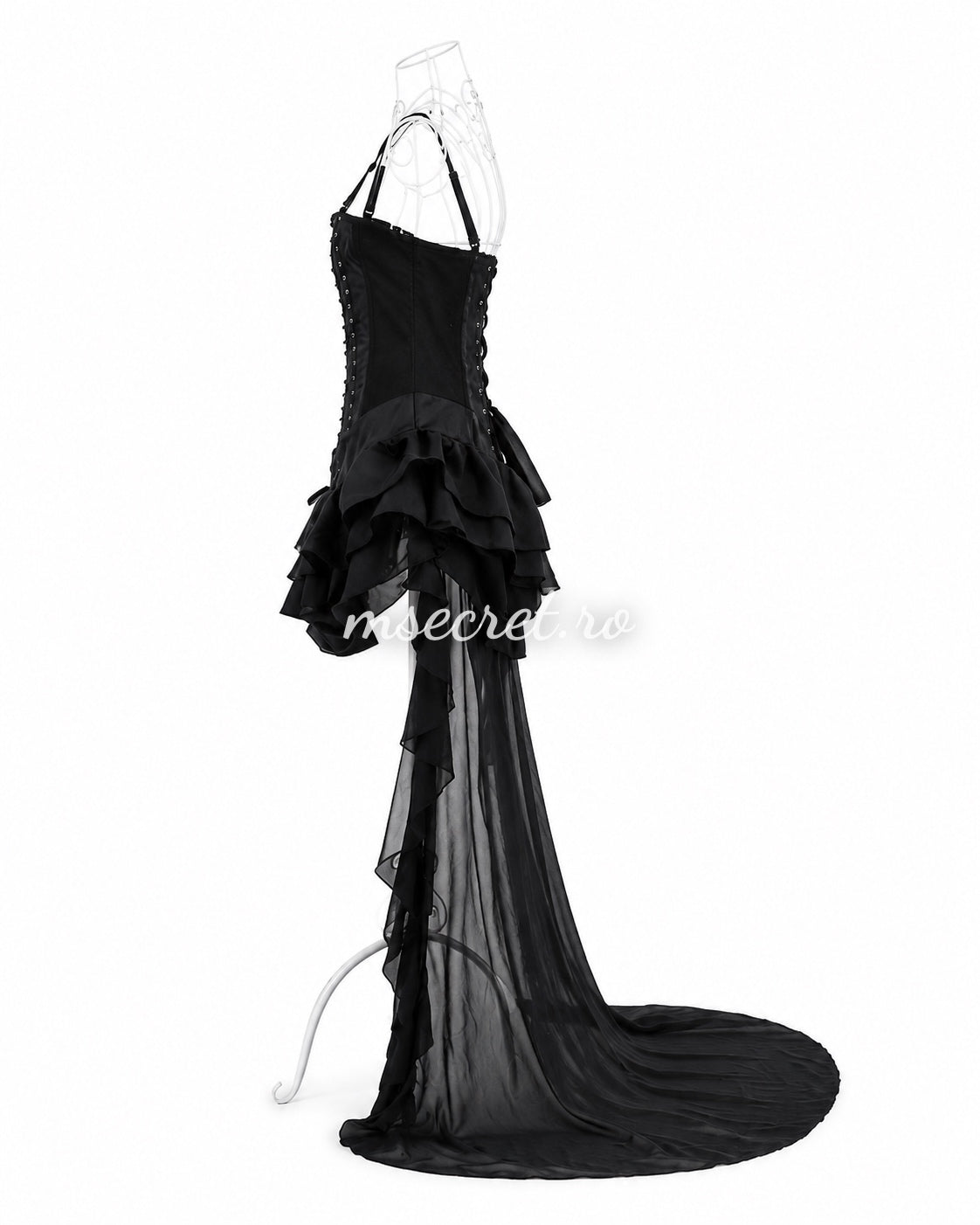 Rochie neagra spectaculoasa tip corset, cu volane si trena din voal transparent