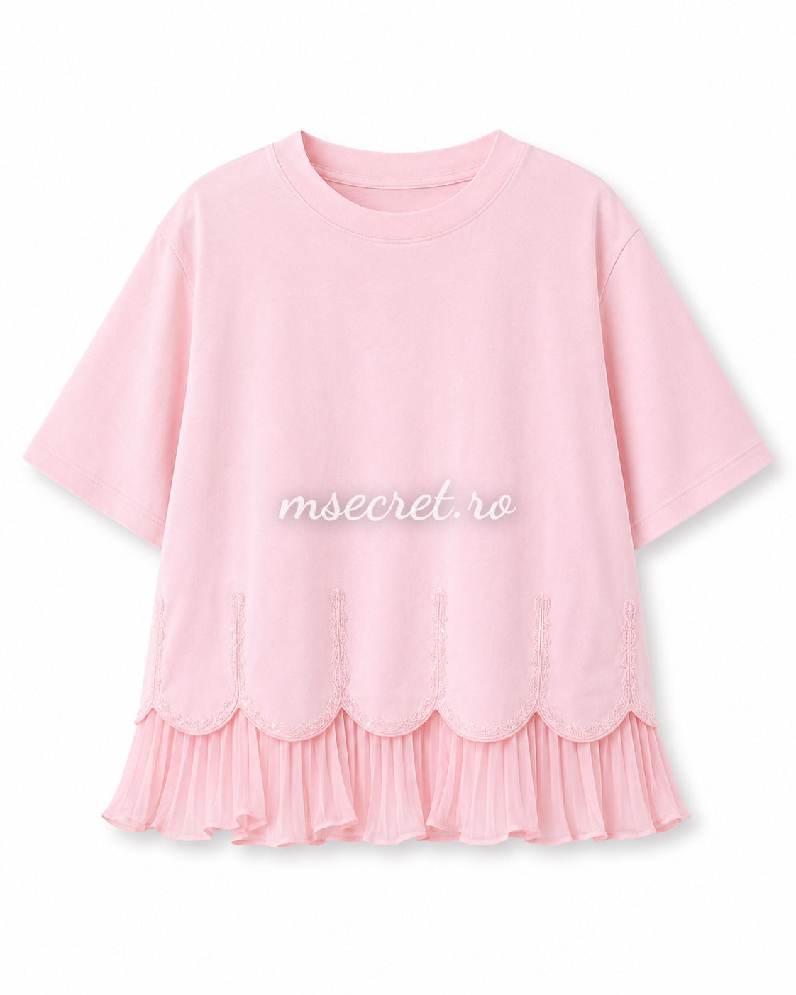 Tricou roz din bumbac cu volan plisat