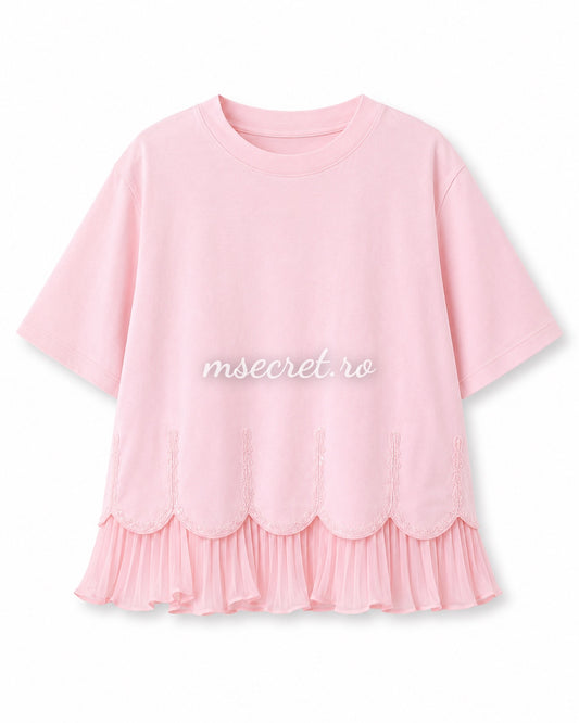 Tricou roz din bumbac cu volan plisat