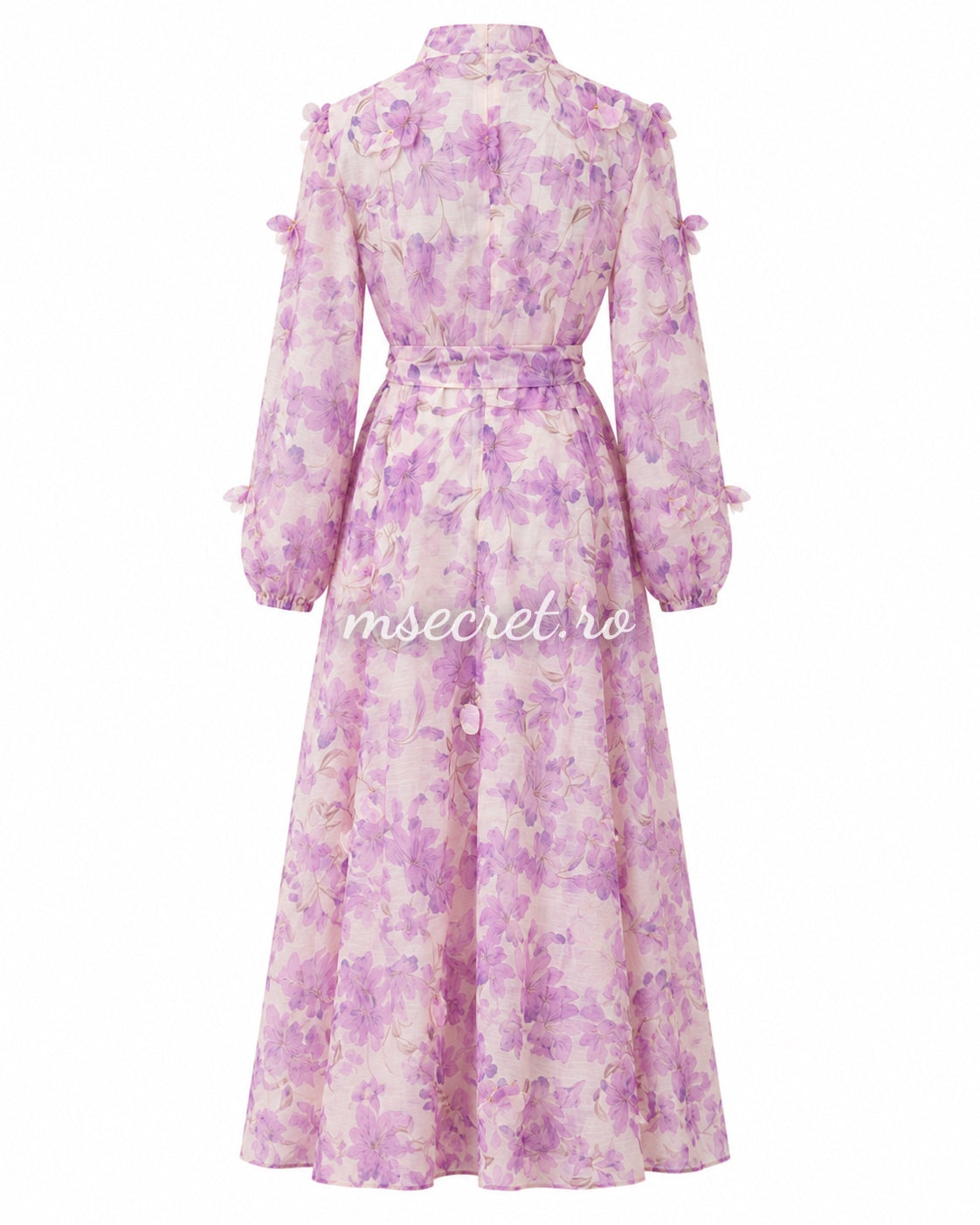 Long purple linen dress with floral print and 3D appliques