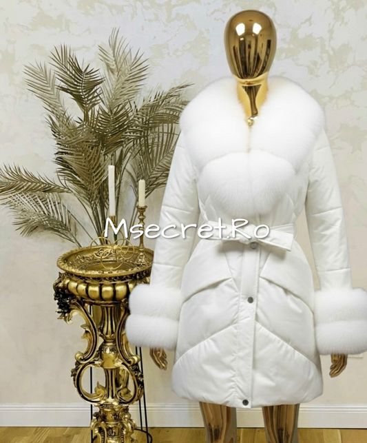 White waterproof jacket with natural fur