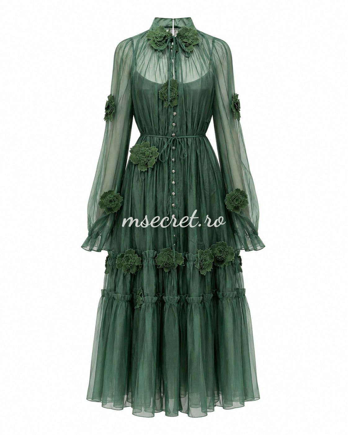 Green voile dress with 3D floral appliqués