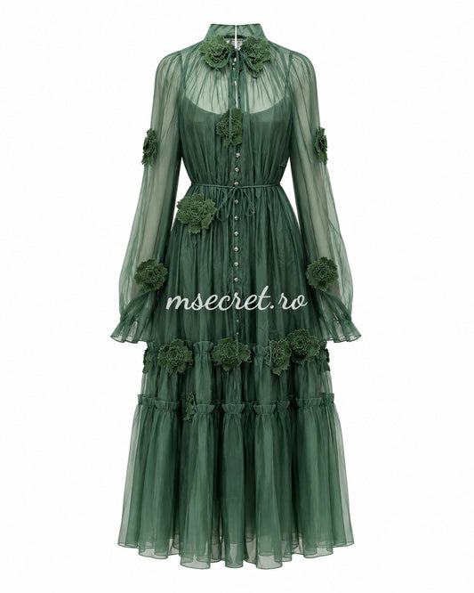 Rochie verde din voal cu aplicatii florale 3D