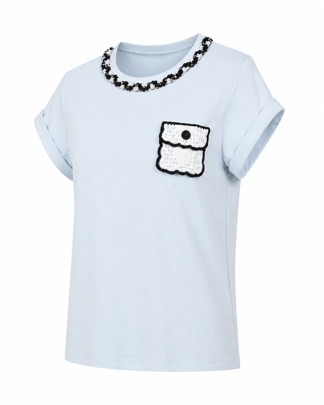 Tricou bleu din bumbac cu guler decorativ si buzunar aplicat