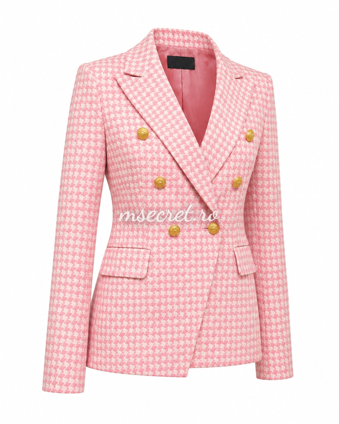 Pink houndstooth blazer with gold buttons