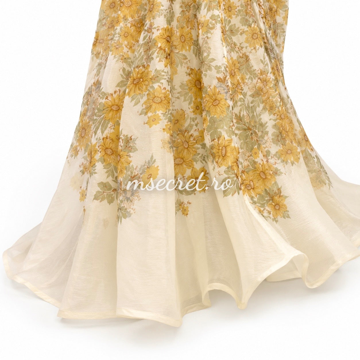 Yellow linen dress with floral print and 3D appliqués