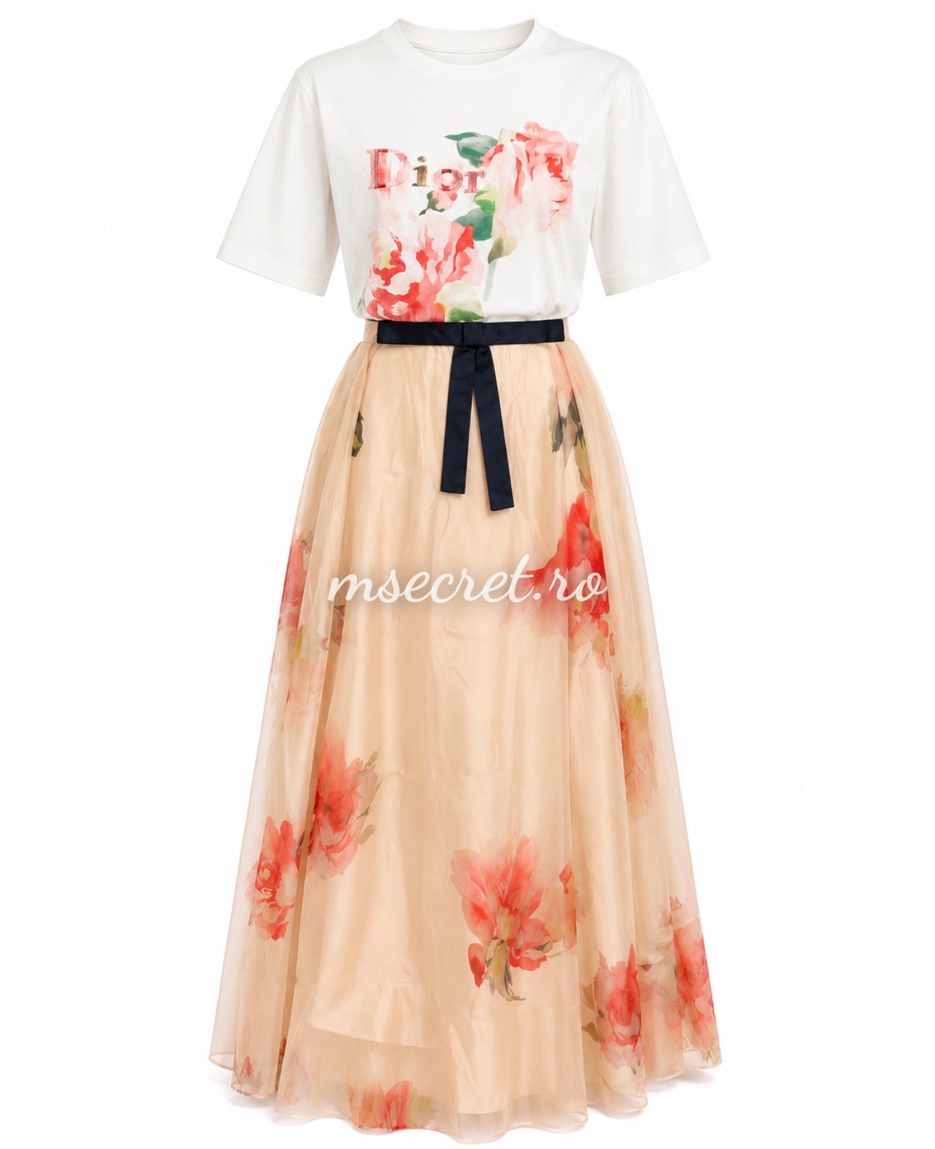 Compleu cu fusta din tul floral si tricou cu imprimeu