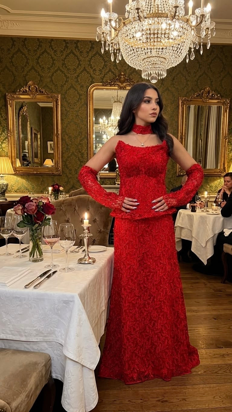 Rochie lunga rosie din dantela