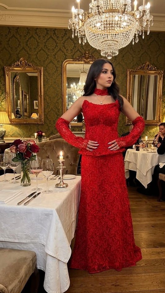 Rochie lunga rosie din dantela