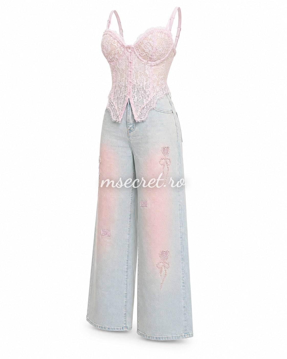 Blugi wide leg cu strasuri si insertii roz decorative