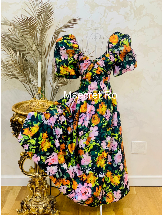 Rochie din tafta cu imprimeu floral și mâneci bufante